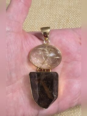 Charles Albert Gold-Tone Rutilated Quartz & Smoky Quartz Double Stone Pendant